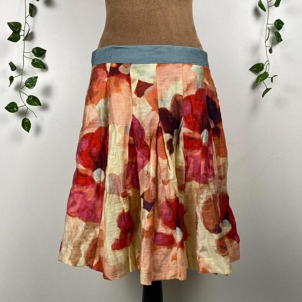 Ann Taylor Loft linen pleated floral skirt y2k gilmore girls midi length peachy